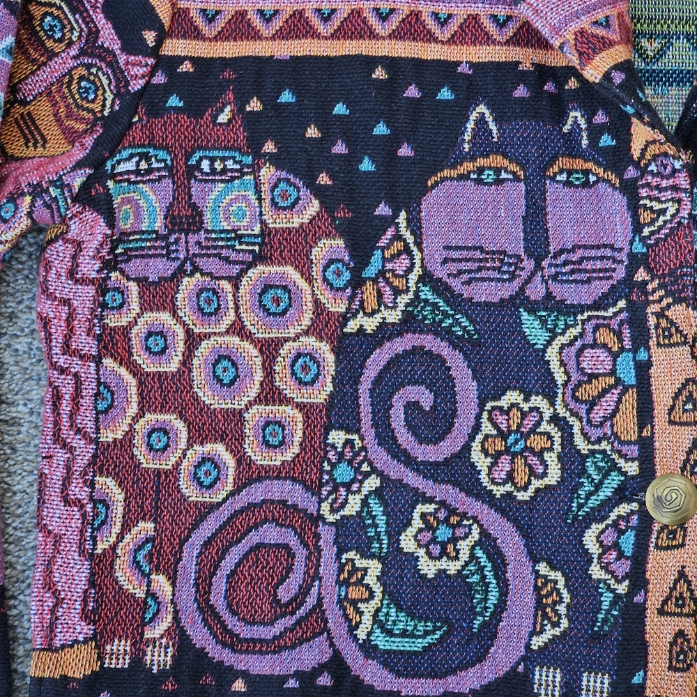 Laurel Burch Cat Tapestry Jacket Heavy Knit Sweater Rare Vintage Womens Size XL - Picture 10 of 16